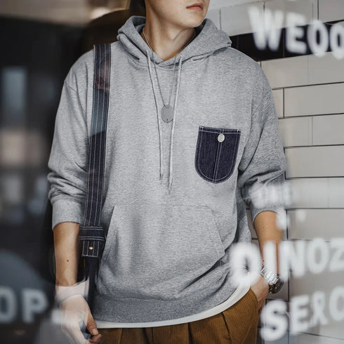 Casual Denim Pocket-Spliced Hoodie