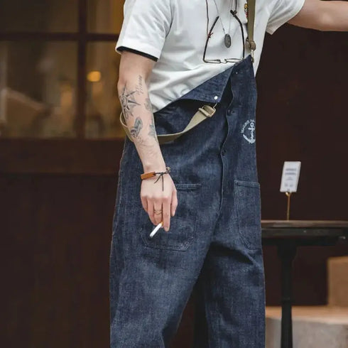 Person wearing blue overalls with a blurred background