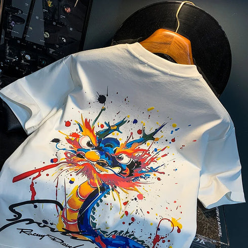 Premium Men's Graffiti T-Shirt – Summer Loose Fit Painted Short Sleeve Top, High-Grade Streetwear