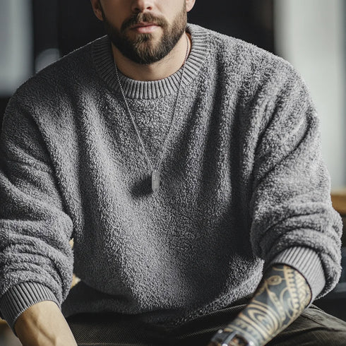 Retro Grey Round Neck Sweater