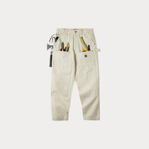 Men’s Retro Workwear Off-White Jeans – Distressed Loose Fit Multi-Pocket Woodcutter Pants