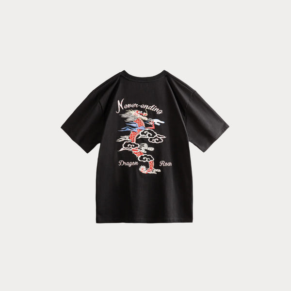 Men’s Retro Heavyweight Embroidered T-Shirt – 270g Black Cotton Summer Tee