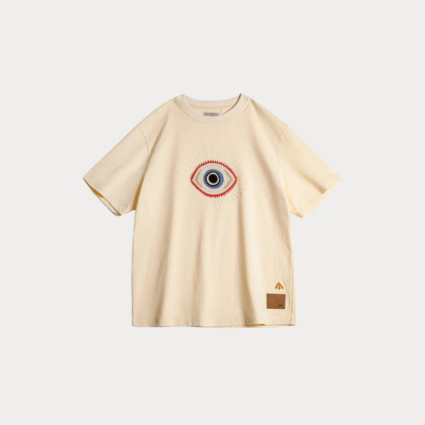 Retro Guardian Eye Embroidered T-Shirt – Men’s 300g Heavy Cotton Summer Tee