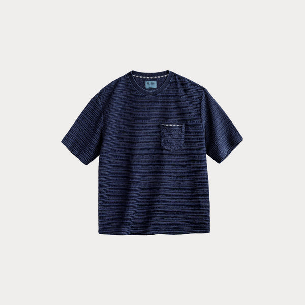 Retro Indigo Jacquard T-Shirt – Men’s Textured Knit Summer Tee