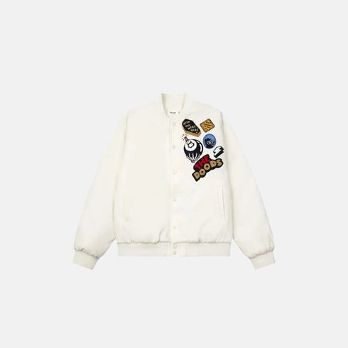 White jacket with colorful patches on a white background