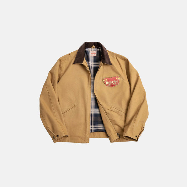 Tan jacket with plaid lining on a white background
