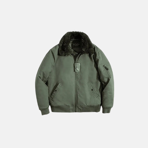 Green jacket with black fur collar on a light gray background