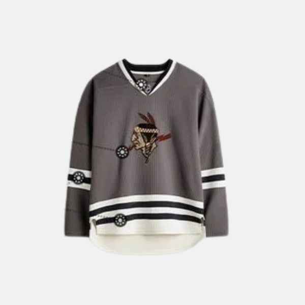 Gray hockey jersey with a logo on a white background