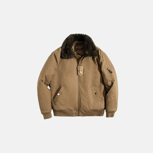 Brown jacket with black fur lining on a white background