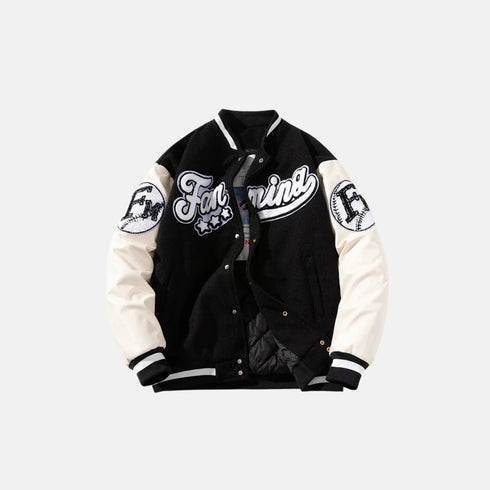 Black and white varsity jacket with 'Famint' branding on a white background