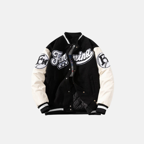 Black and white varsity jacket with 'Famint' branding on a white background