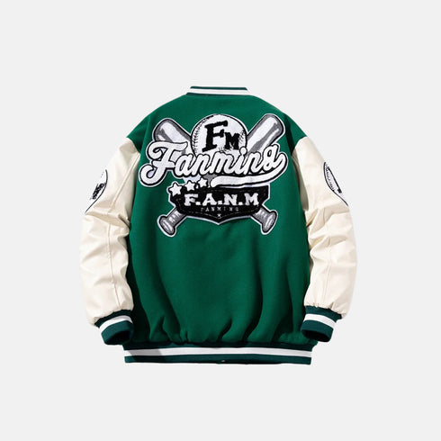 Green and white varsity jacket with 'FAMING' logo on a light gray background