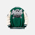 Green and white varsity jacket with 'FAMING' logo on a light gray background