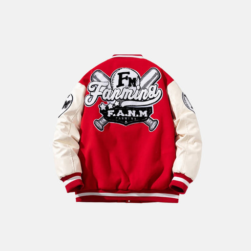 Red and white varsity jacket with 'Farming F.A.N.M.' logo on a white background