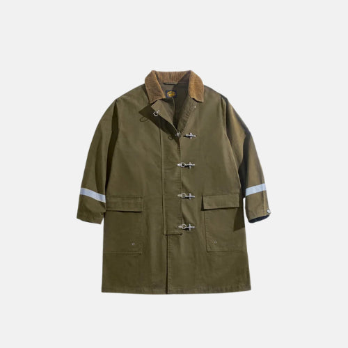 Green coat with brown collar on a white background