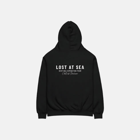 Black hoodie with 'Lost at Sea' text on a white background