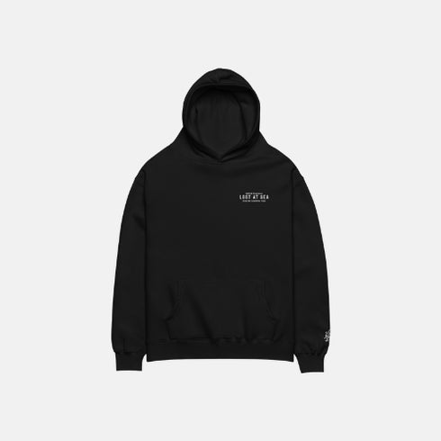 Black hoodie with a logo on the chest against a white background