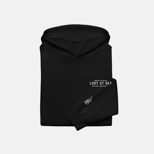 Black hoodie with text and logo on a light gray background
