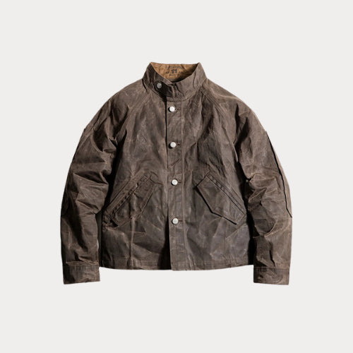 Vintage Stand Collar Oil Waxed Canvas Jacket – Waterproof Classic Hunting Coat
