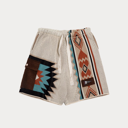 Navajo Totem Knit Shorts – Elastic Waist Casual Summer Beach Shorts with Corduroy Pocket