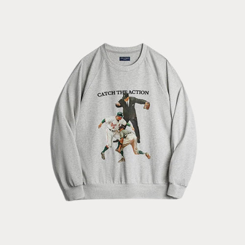 Vintage Baseball Print Sweatshirt – Heavyweight Embroidered Loose Fit Crew Neck Hoodie