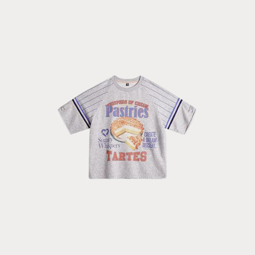 Gray t-shirt with colorful text and graphics on a white background