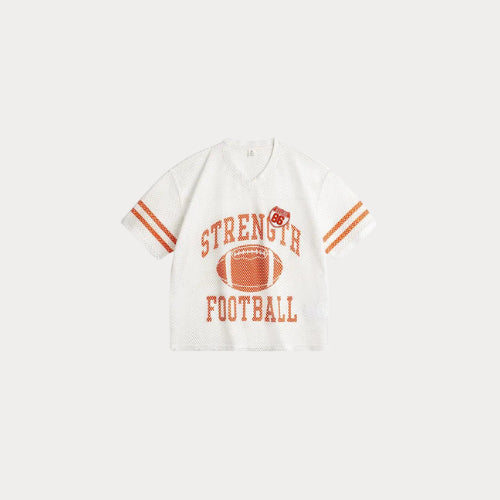 White t-shirt with red text and football graphic on a white background
