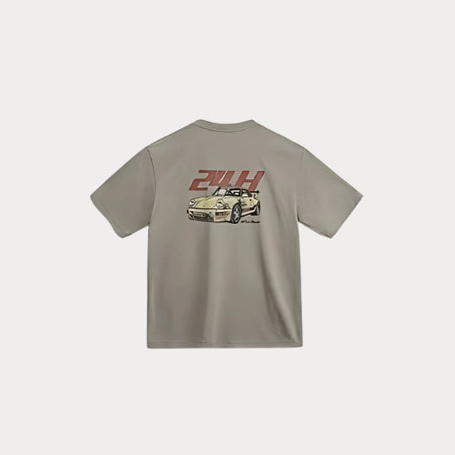 Gray t-shirt with a graphic of a car and '24H' text on the back against a white background