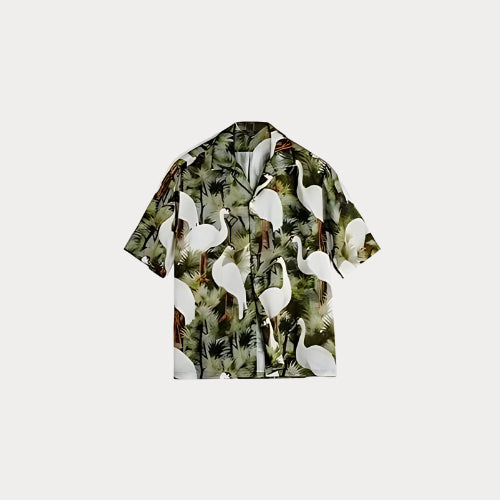 Men's Retro Crane Print Hawaiian Shirt – Summer Breathable Vacation Short Sleeve Blouse