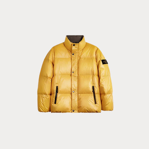 Men’s Yellow 90% White Duck Down Jacket – Warm Stand Collar Puffer Coat for Fall & Winter Casual Outerwear