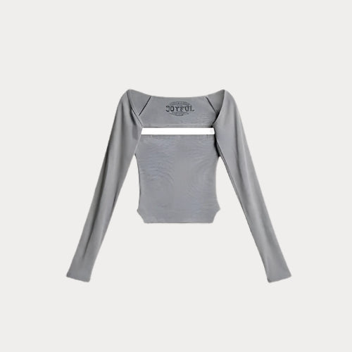 Gray long-sleeve crop top with 'JOYFUL' branding on a white background