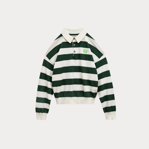 Retro Classic White and Green Striped Polo Shirt for Women – Long Sleeve Loose Casual
