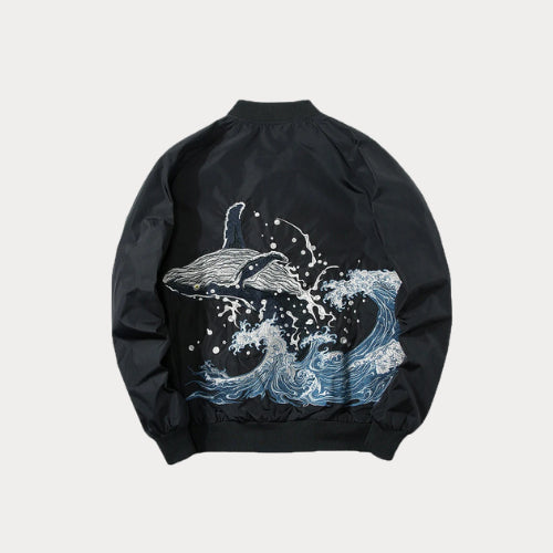 Whale Embroidered MA1 Bomber Jacket for Men – Oversized Japanese Sukajan Coat