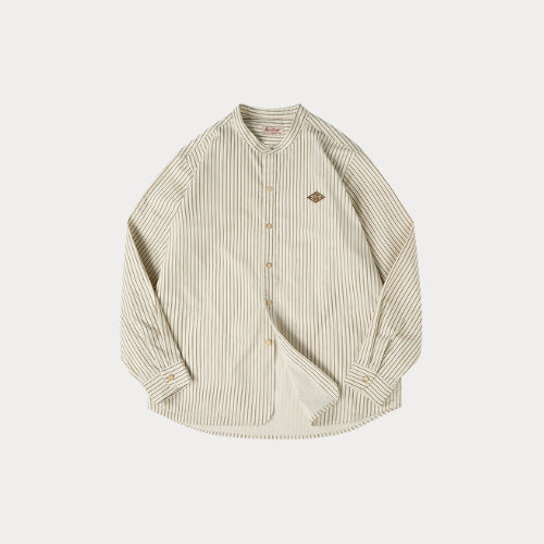 Stand Collar Striped Cotton Shirt for Women – Loose Fit Long Sleeve Blouse