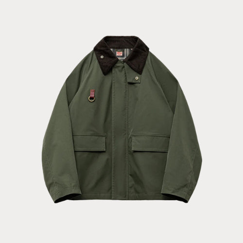 Retro Women's Corduroy Patchwork Jacket – Green Casual Lapel Hunting Style Spring Outerwear with Zipper