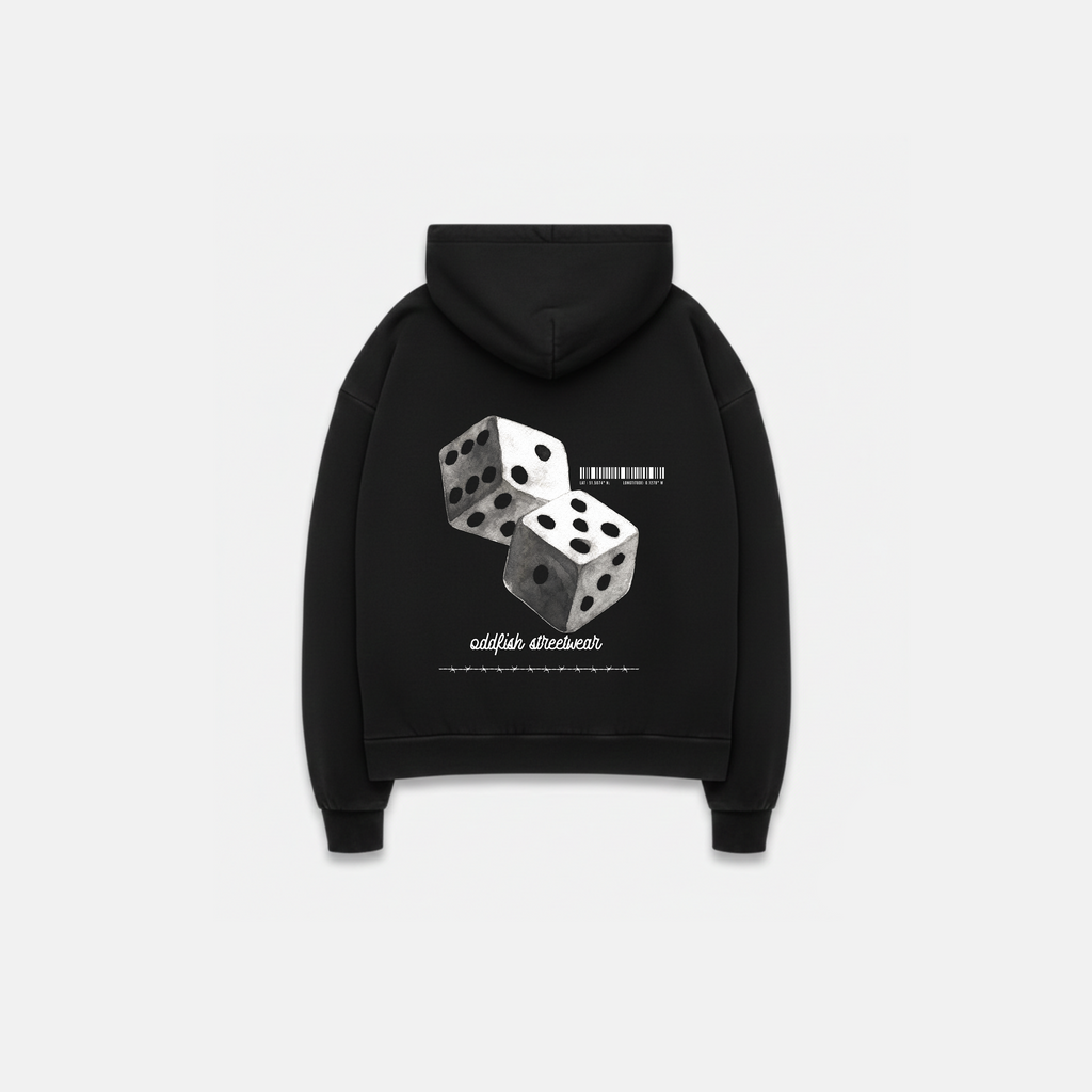 Black 500gsm heavyweight hoodie with dice design printed
