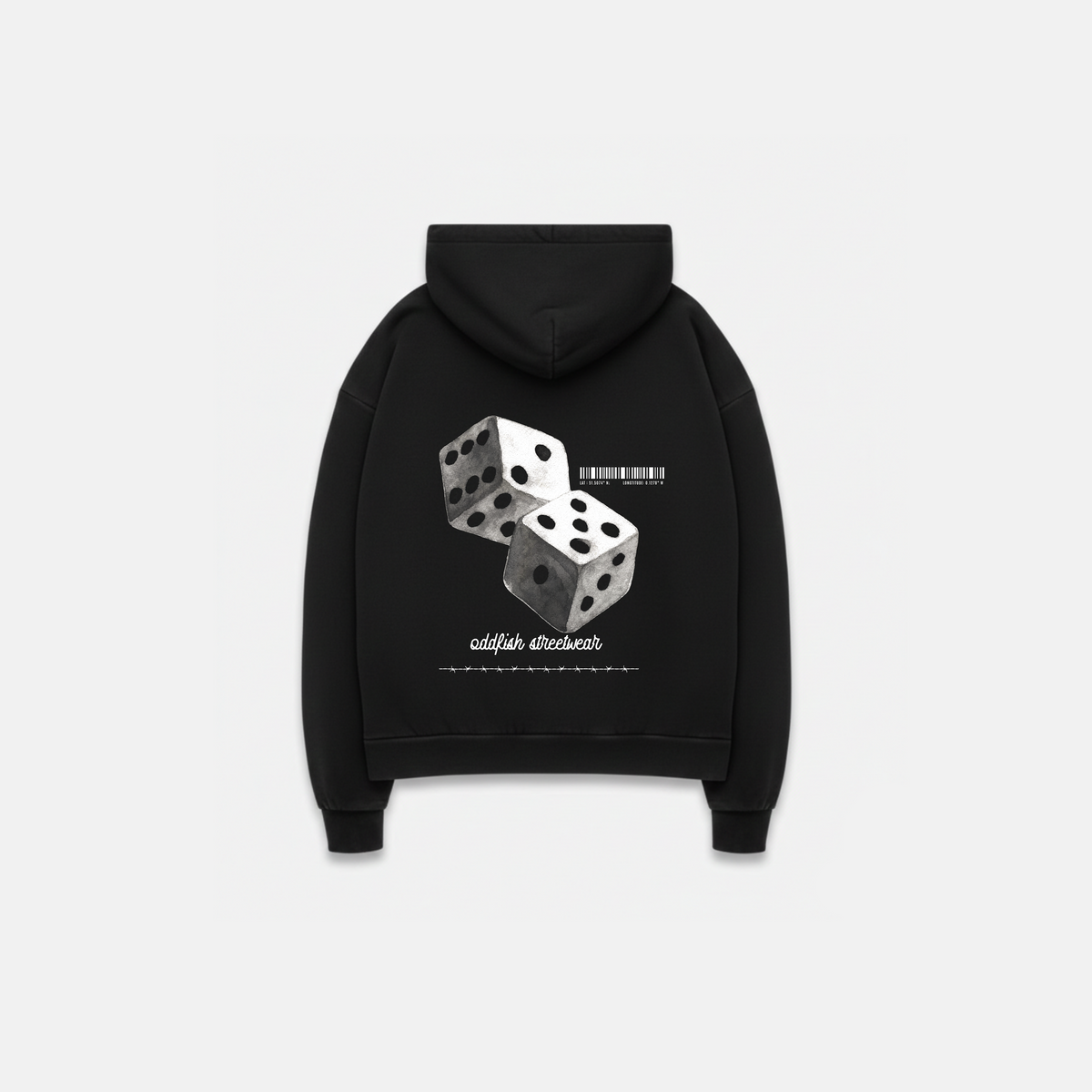 Black 500gsm heavyweight hoodie with dice design printed
