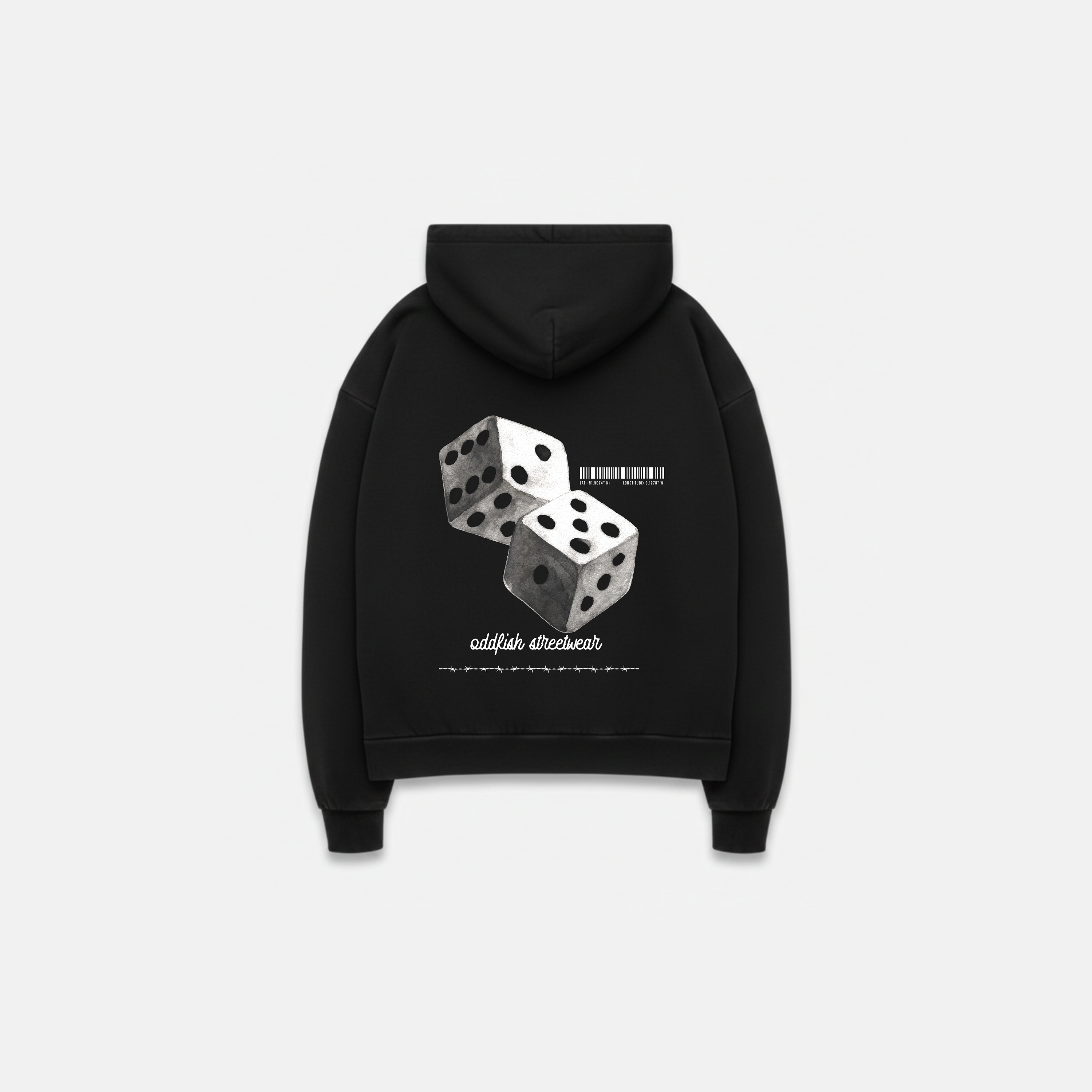 Black 500gsm heavyweight hoodie with dice design printed