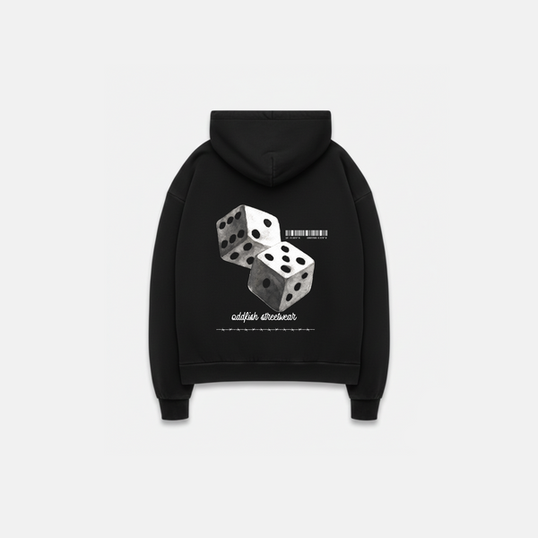 Black 500gsm heavyweight hoodie with dice design printed