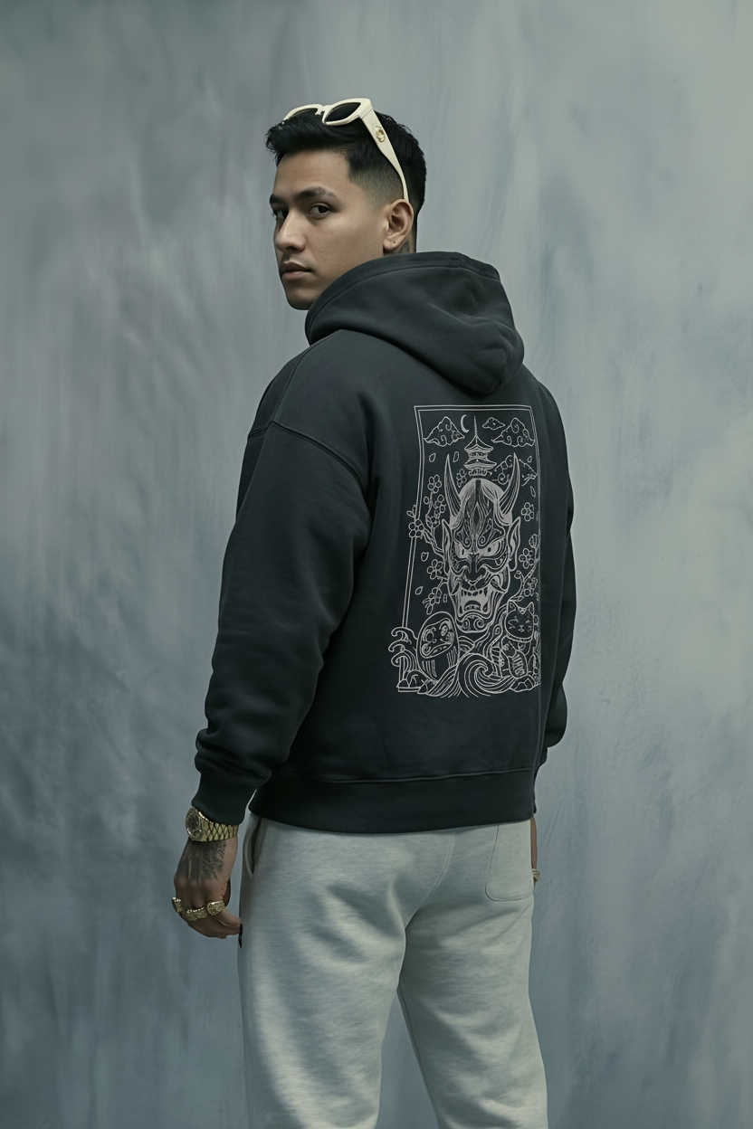 Boxy Hoodie Back View - Dynamic Pose black
