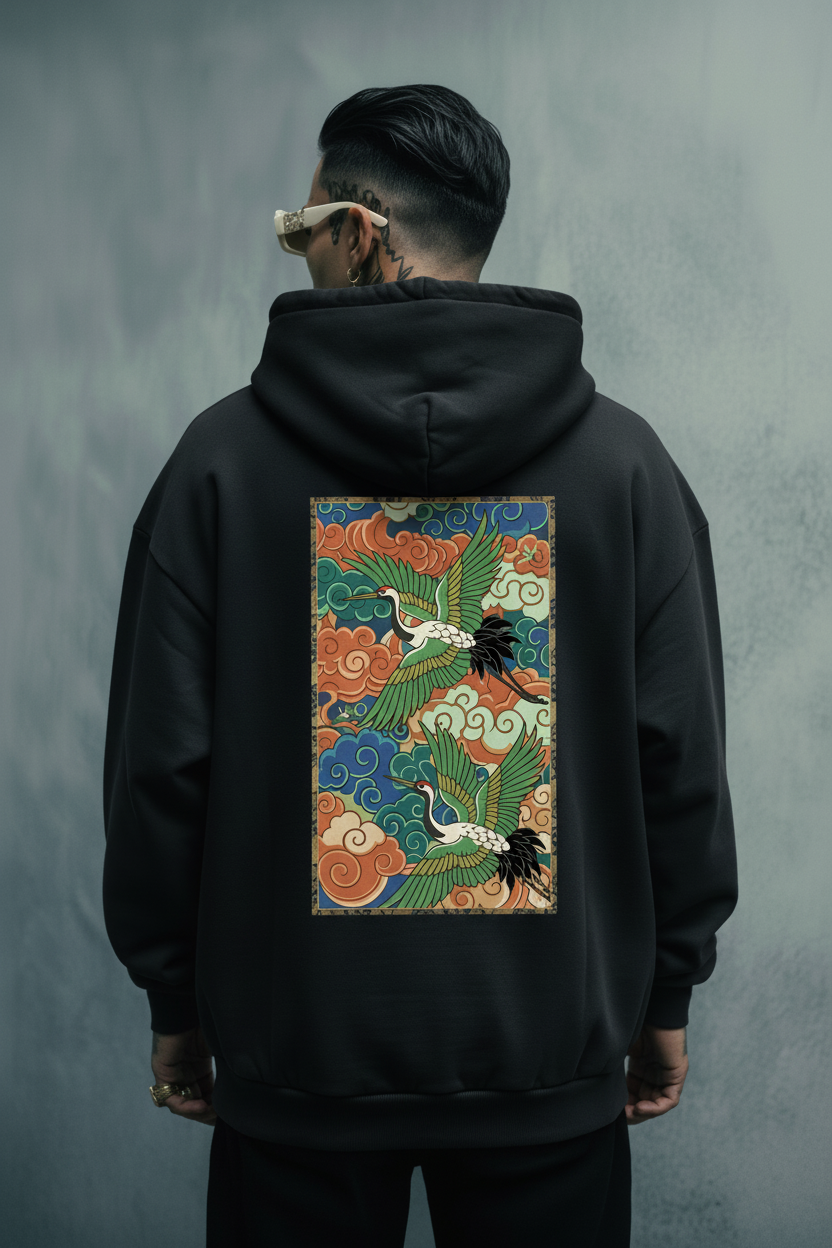 Crane hoodie editorial mockup black