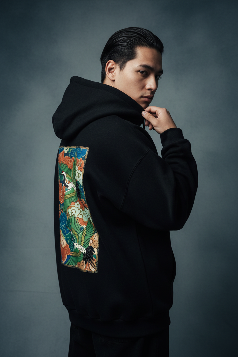 Crane hoodie over shoulder black