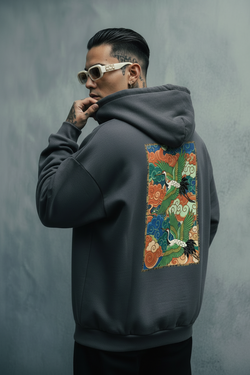 Crane hoodie over shoulder gray blue