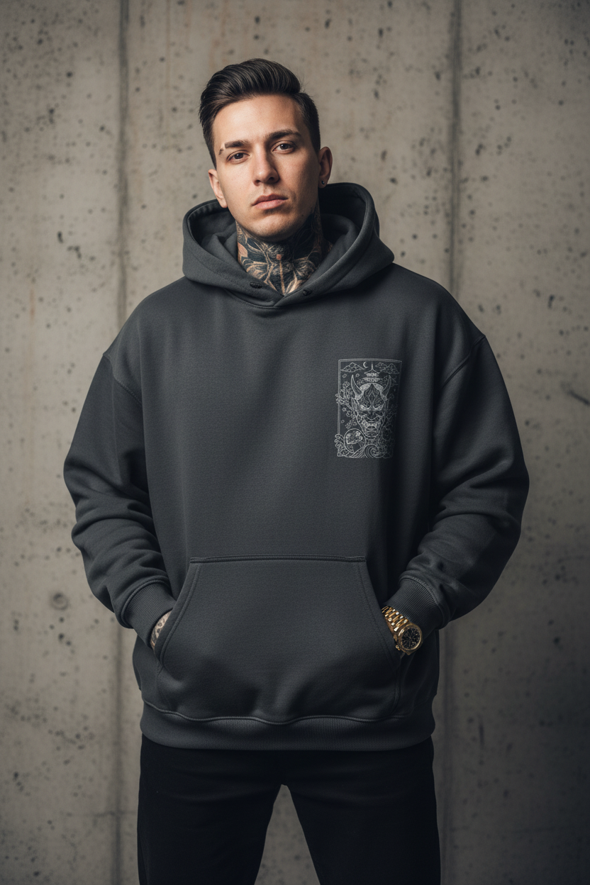 Hoodie mockup with model gray blue