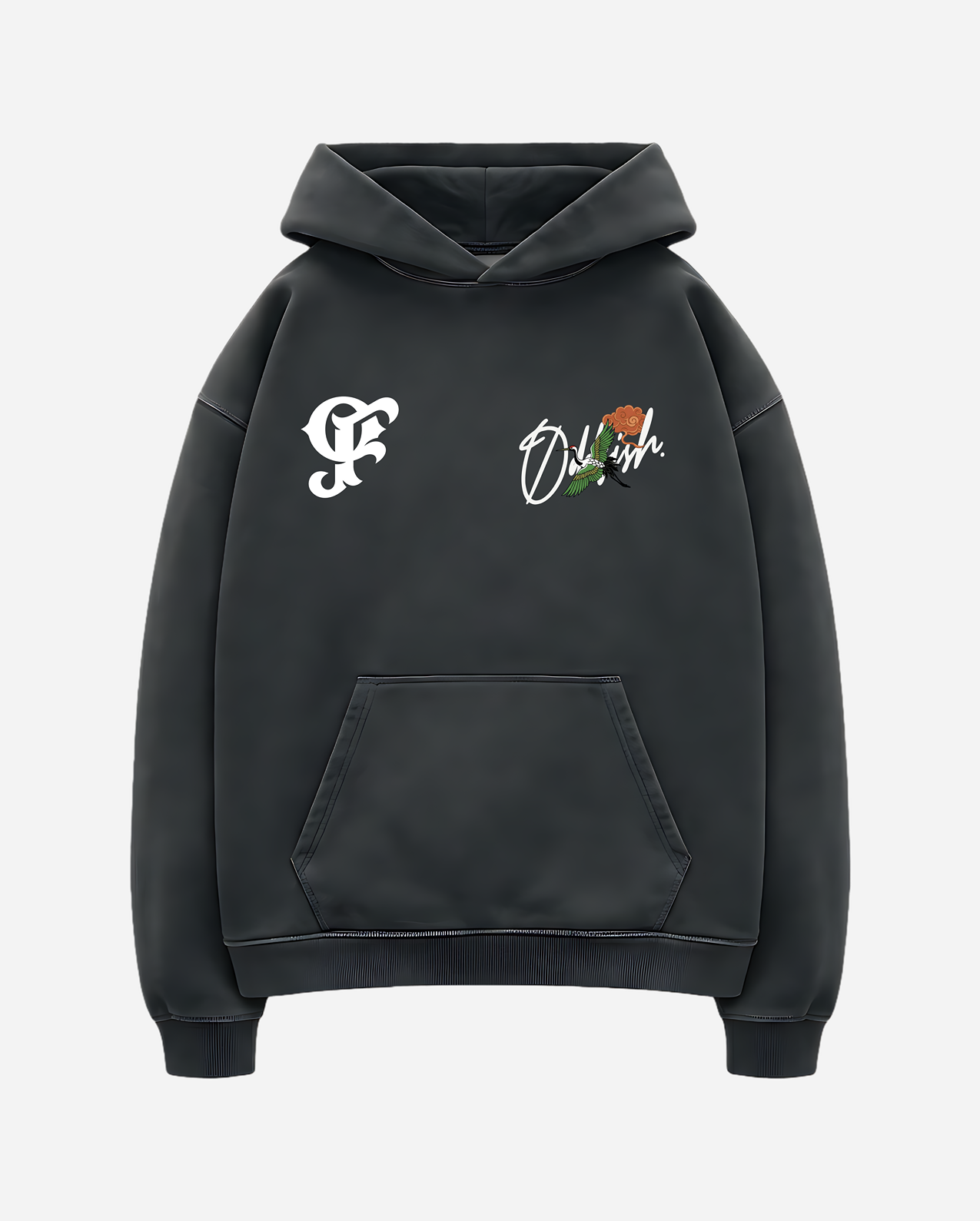 Cranes and Cloud V2 heavyweight boxy hoodie with bold Japanese art graphic and oversized fit gray blue