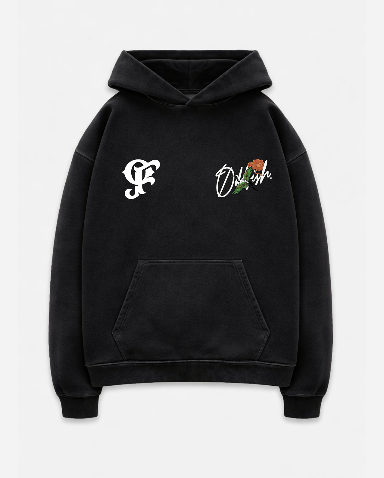 Cranes and Cloud V2 heavyweight boxy hoodie with bold Japanese art graphic and oversized fit black