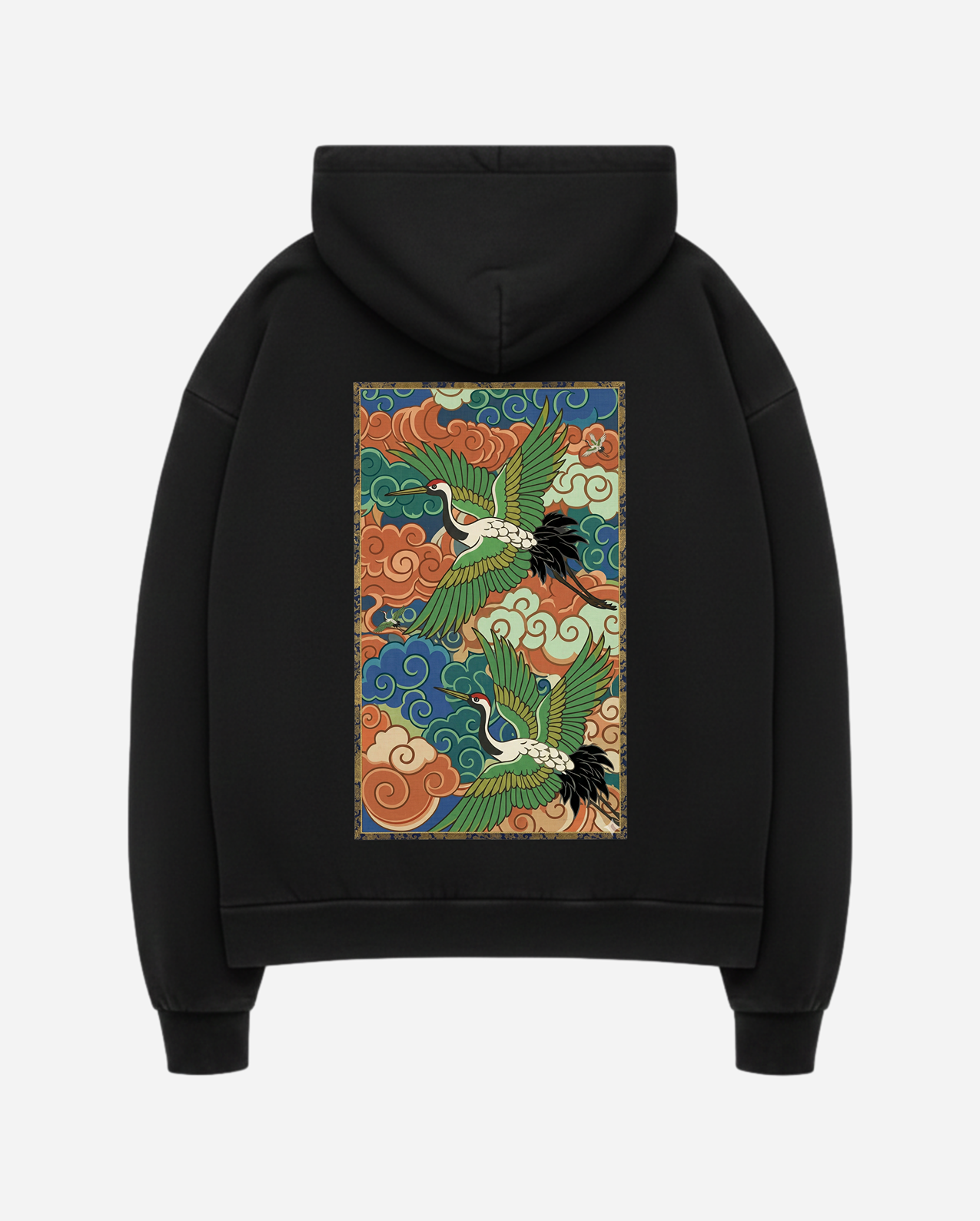 Cranes and Cloud V2 heavyweight boxy hoodie with bold Japanese art graphic and oversized fit black