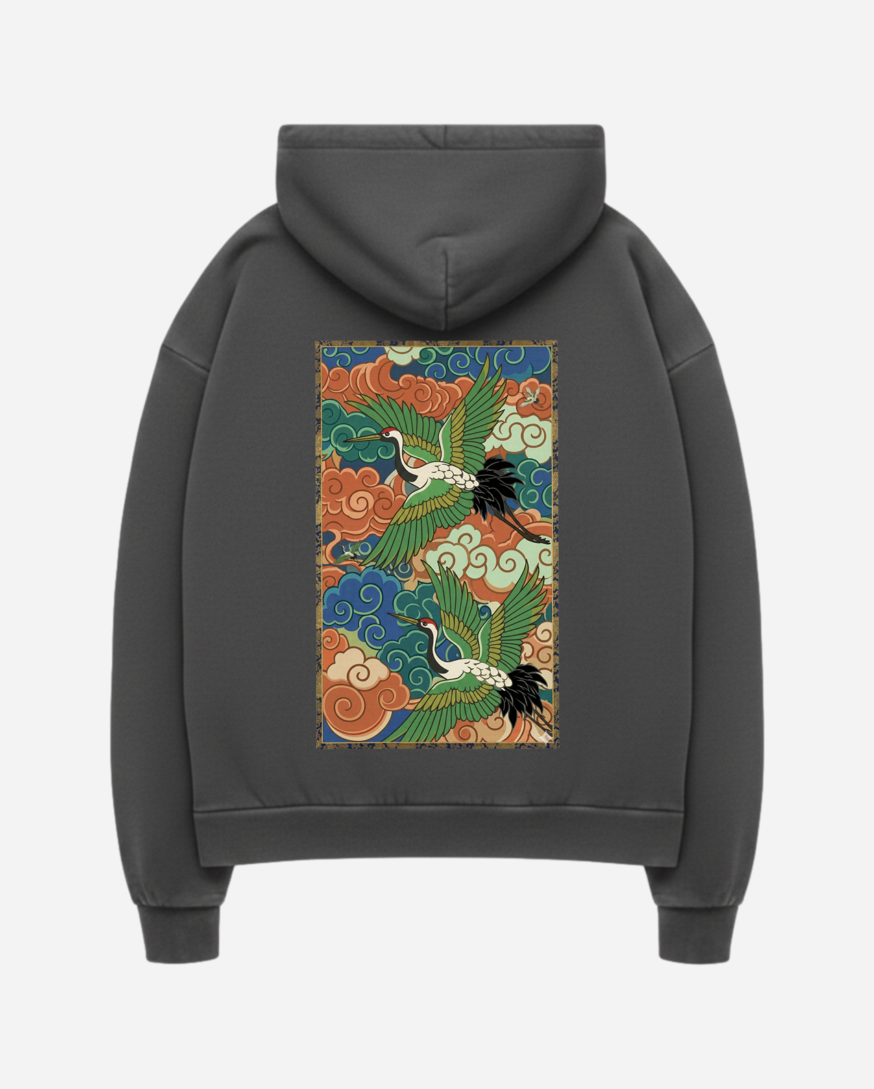 Cranes and Cloud V2 heavyweight boxy hoodie with bold Japanese art graphic and oversized fit gray blue