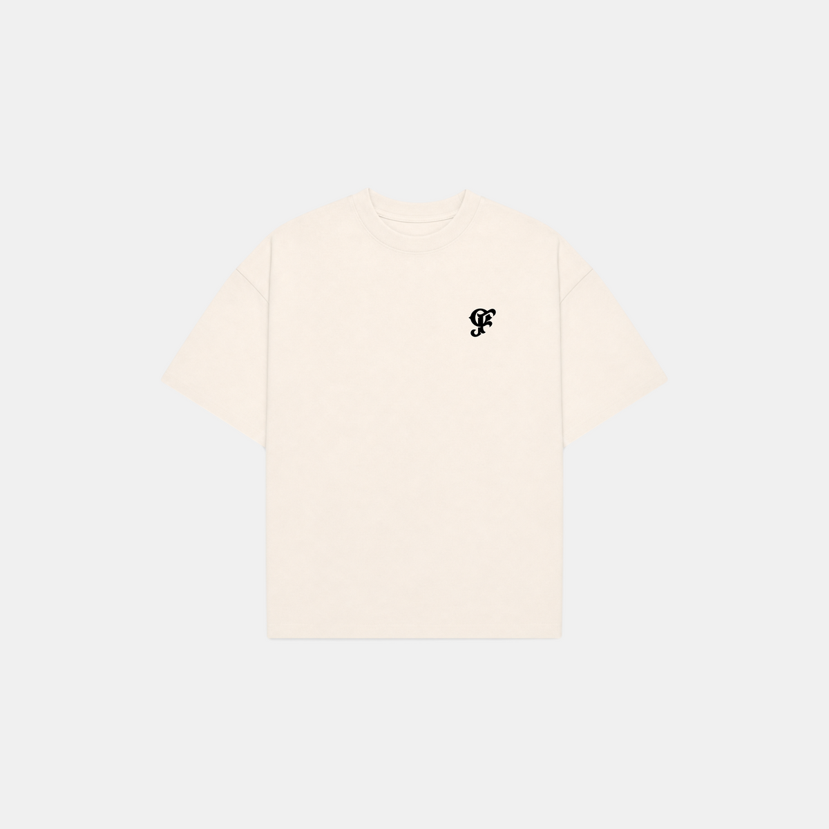 An off-white short-sleeve crewneck t-shirt with a small black monogram logo on the left chest, displayed on a light gray background.