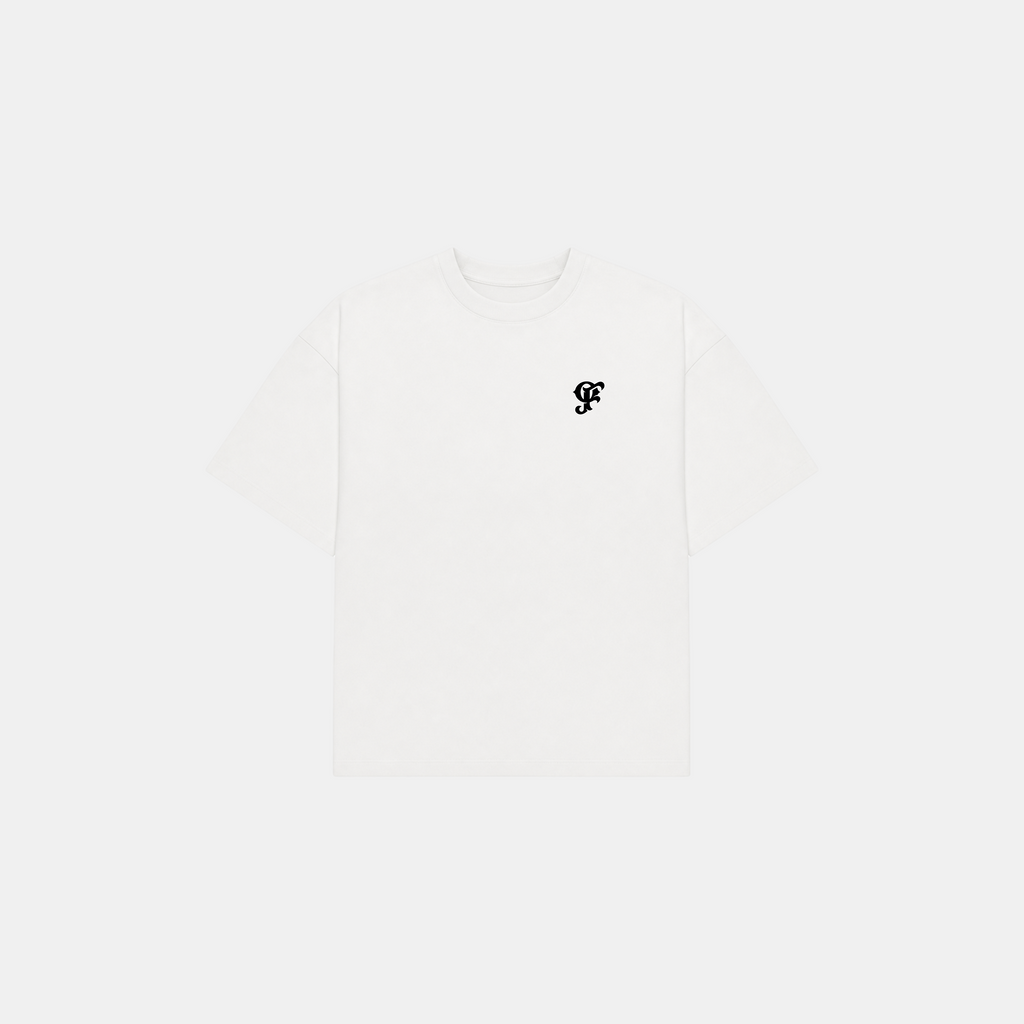 A white short-sleeve crewneck t-shirt with a small black stylized 'GF' logo printed on the left chest, displayed on a clean white background.